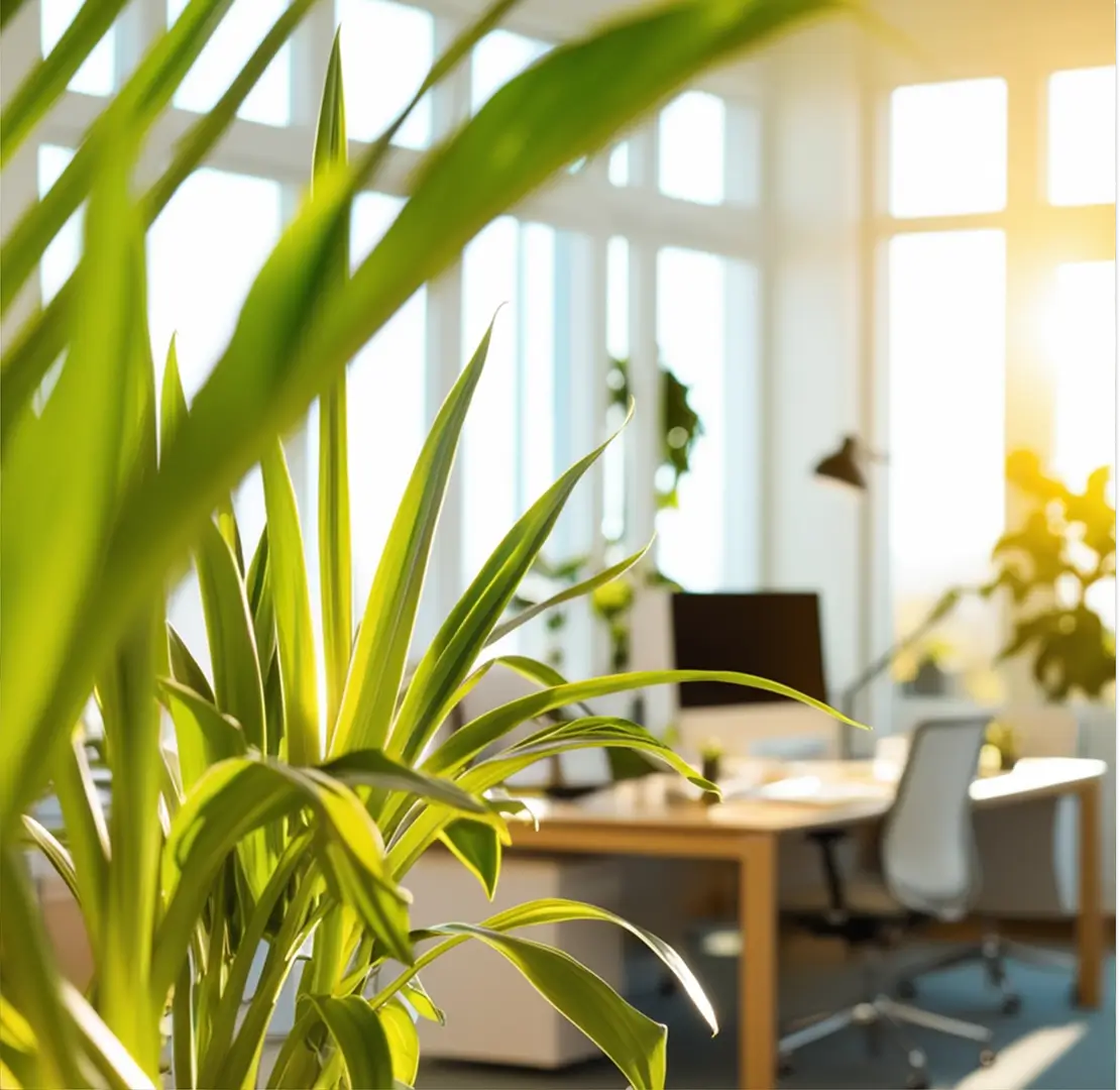 Close-up of a green plant in a modern office space with sunlight streaming through large windows, representing a professional environment for creating Guard Training videos.